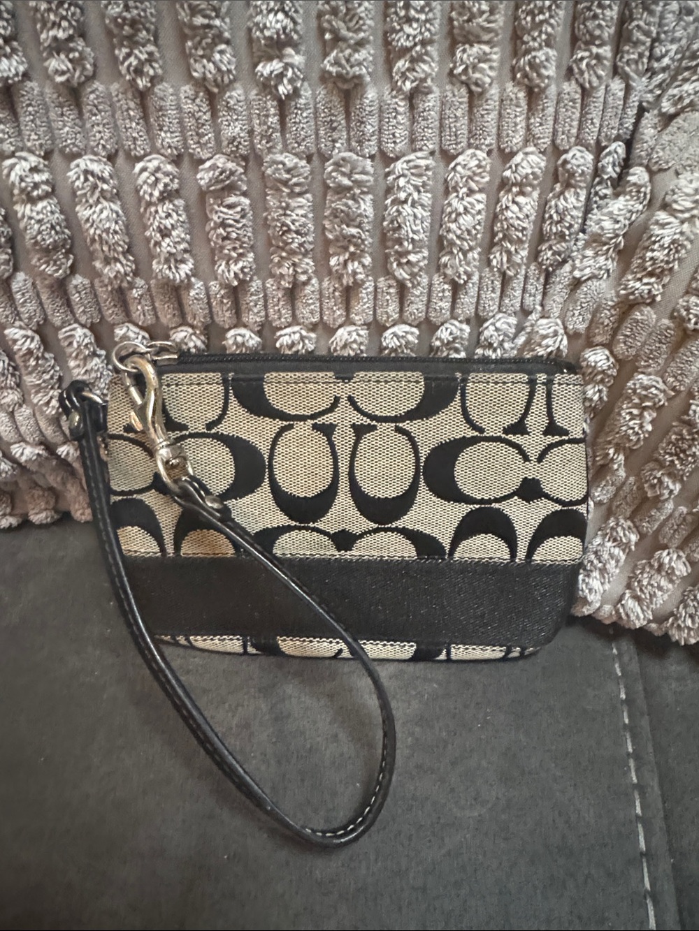 Coach Black and Beige Signature Wristlet Pouch